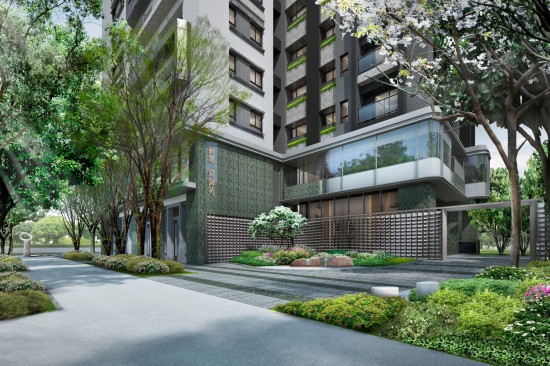 『新業(yè)京御苑』26層昂峰地標，放眼能遠眺山形，低迴可近收闊綠，桃源覓靜的入口，片片金屬瓦形景牆，彷彿風吹水波粼粼，簡約意象鳥居，表現(xiàn)日式清逸的入口。