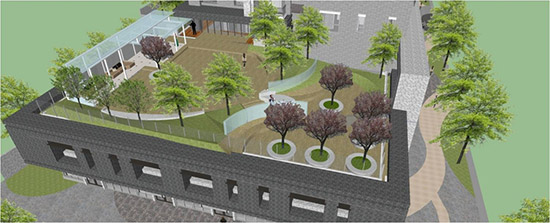 2F露臺3D圖，地坪採用自然陶磚，珍貴婆羅洲鐵木感受臺中地貌微型縮影的公園設(shè)計紋理。