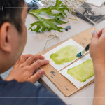 將化學(xué)藥劑塗抹於水彩紙上，藍(lán)曬創(chuàng)作的序幕悄然展開。