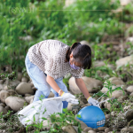 在卵礫石堆中藍色醒目的「皮球」，吸引了小朋友前去查看並拾起，一點一滴還給河川乾淨的面貌。