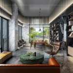 原木溫潤的香氣、溫暖的質(zhì)地與色調(diào)，為空間增添另一份溫度，串聯(lián)生活與自然相遇。(圖為大塊森濤–圖書閱覽室3D圖)